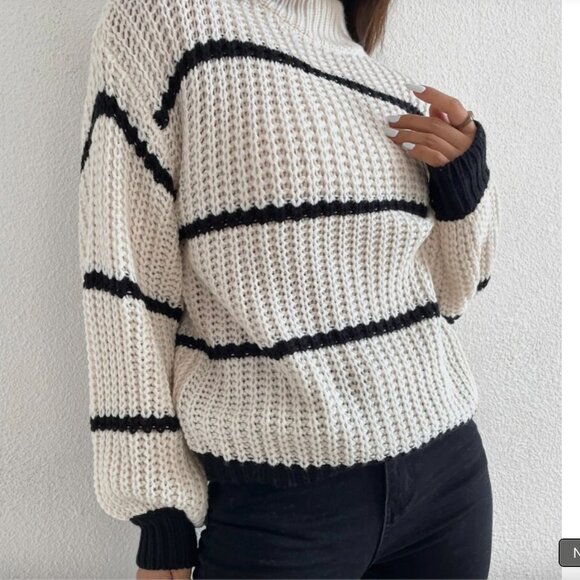 Chiquease Striped Mock Neck Drop Shoulder Sweater - Picture 2 of 5